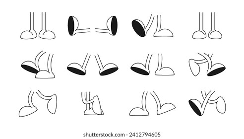 Retro cartoon legs. Comical, cartoon legs in different poses, easy to substitute for any character. Walking, jumping, straight stance and others. Comic cartoon legs set, Vector set step movements