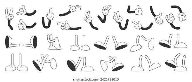 Retro cartoon legs and hands, Hands with gloves and feet with boots, various poses for characters, a set of poses, gestures, placement of hands and feet. Mascot character set. Cartoon set of limbs