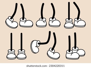 Retro cartoon legs. Vintage comic feet in shoes. Different foot movements and positions. Animation mascot body parts. Vector illustration