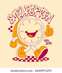 Retro Cartoon Lemonade Character. Vintage Motivational Poster with Smile Often Text for T-Shirt or Wall Art