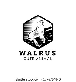 Retro cartoon line drawing style drawing of a Pacific Walrus standing on the rock with hexagon frame, an endangered wildlife species on isolated background done in black and white full body.