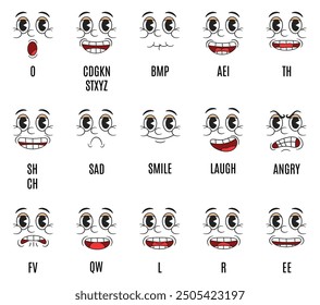 Animación de sincronización de labios de dibujos animados retro. Formas bucales para sonidos fonéticos y emociones expresiones faciales. Animación de labios y sincronización de voz para la pronunciación del alfabeto conjunto de Vectores.