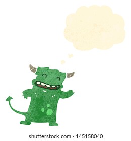 retro cartoon little devil with thought bubble