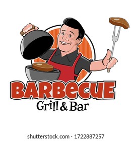 Retro Cartoon Logo Of A Handsome Man With Barbecue Grill And Steak