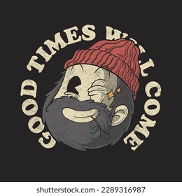 retro cartoon logo of winking bearded man 
