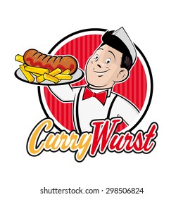 retro cartoon man with german currywurst in a badge