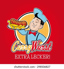 retro cartoon man with German currywurst and German text meaning extra delicious