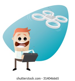 retro cartoon man playing with drone