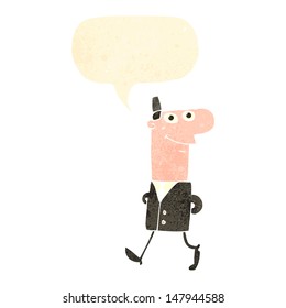 retro cartoon man with speech bubble walking to work