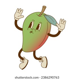 Caricatura retro del personaje de mango Ilustración vectorial. Salta mascota de fruta en forma de ranura. Nostalgia 70, 80. 