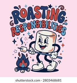 Retro cartoon marshmallow mascot roasting over campfire with t shirt marshmallow roasting campfire character outdoors illustration expression cheerful whimsical
