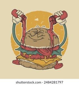 retro cartoon mascot of burger pouring 2 chili bottles on him self