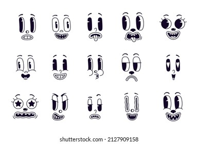 Retro Cartoon Mascot Characters Funny Faces. Old Eyes And Mouth Animation Elements. Vintage Comic Smile Vector Set. Emoticon With Happy And Funny Or Sad And Angry Emotions