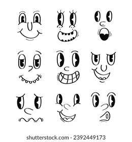 Retro Cartoon Mascot Characters Funny Faces Vector Design.