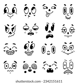 Retro-Cartoon-MaskottGesichter mit Eyes- und Mouth-Elements-Vektorset