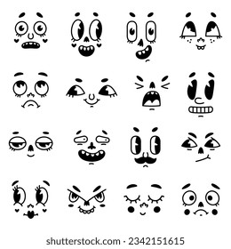 Retro Cartoon Mascot Faces with Eyes and Mouth Elements Vector Set