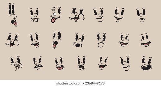 Retro Cartoon Mascot Faces Set Funny Vintage Cartoon Faces Trendy 50s Mascot Facial Happy Person Face Drawing cartoon Heads Retro Vintage Cartoon Characters Face Collection