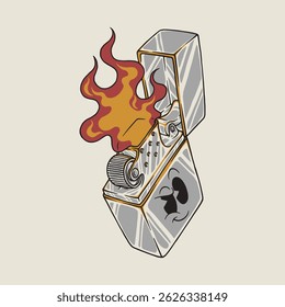 retro cartoon mascot of fiery square lighter
