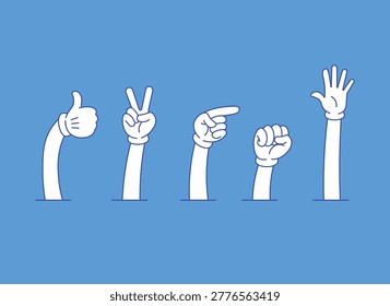 Retro Cartoon Mascot Hand Gestures with White Gloves and Rubbery Arms Vector Illustration Set, Vintage Hand Icons featuring Thumbs Up, Peace Sign, Pointing, Fist and Waving Palm on Blue Background
