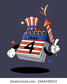 Retro cartoon mascot for a July 4th calendar, US flag-themed, featuring an American patterned hat and fireworks to celebrate Independence Day.