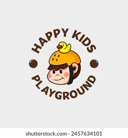 retro cartoon mascot logo of a small child wearing a safety helmet with a rubber duck toy decoration on it, very cute, suitable for playground business