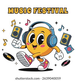 Retro Cartoon Mascot Music Festival Character, Happy Emoji with Headphones. Vector illustration