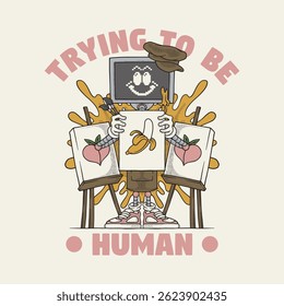 retro cartoon mascot of robot painter