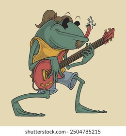 retro cartoon mascot of rock bassist frog