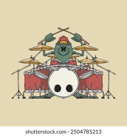 retro cartoon mascot of rock drummer frog