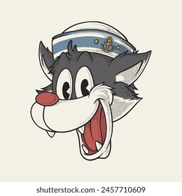 retro cartoon mascot of sailor man wolf head