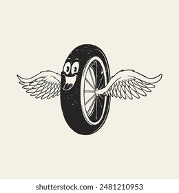 retro cartoon mascot of smiling flying tire