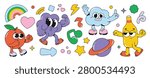 Retro cartoon mascot vector set. Cute fruit, cloud and banana characters with playful doodle icons, rainbow, stars and happy sticker elements.