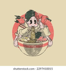 retro cartoon mascot of zombie eat ramen 