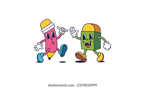 Retro cartoon meets pencil and eraser couple. Happy characters walk and greet each other. illustration for t-shirt prints or poster designs.