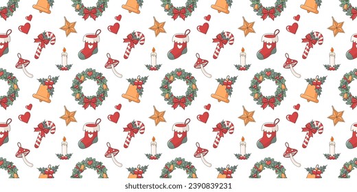 Retro cartoon Merry Christmas festive seamless pattern with candies, Christmas wreaths, bells, candles hearts and stars. Digital paper repeating background for wrapping paper, stationery, wallpaper.