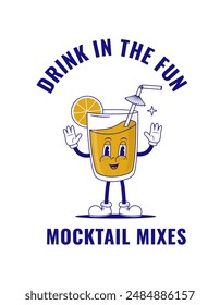 Retro cartoon mocktail character vector illustration. Vintage non-alcoholic drink mascot. Nostalgia 90s, 70s, 80s print