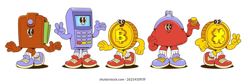 Retro cartoon money characters - wallet with banknote and payment terminal, bitcoin and golden coin with clover sign, vintage purse with legs, hands and funny face emotions. Cute finance mascots.