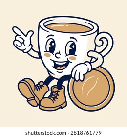 Retro cartoon mug mascot with bean. Best for vintage cafes.