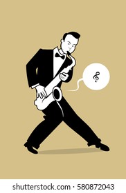 Retro cartoon music. Saxophonist playing a song. Musical note