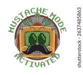 retro cartoon mustached robot head logo