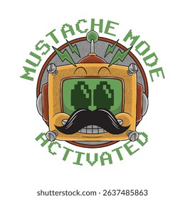 retro cartoon mustached robot head logo