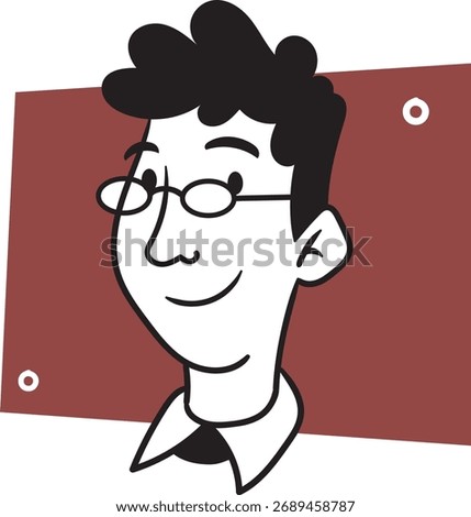 Retro Cartoon Nerd Avatar with Glasses on Dark Red Background