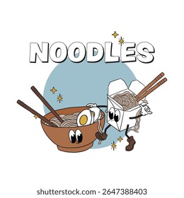 Retro Cartoon Noodle Characters, Vintage Mascot Illustration of Ramen Bowl and Takeout Box for Asian Food Logo