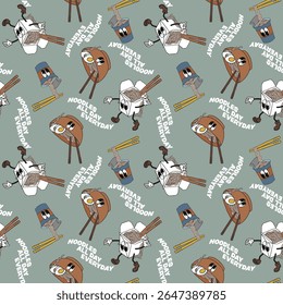 Retro Cartoon Noodle Seamless Pattern, Vintage Asian Food Character Background for Restaurant and Fabric