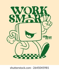 Retro Cartoon Office Bag Character. Vintage Motivational Poster with Work Smart Text for T-Shirt or Wall Art