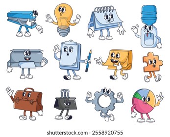 Retro cartoon office characters. Playful stapler, idea lamp, calendar, water cooler, printer, clipboard, sticky notes, puzzle piece, paper clip, gear and pie chart mascots vector illustrations set.