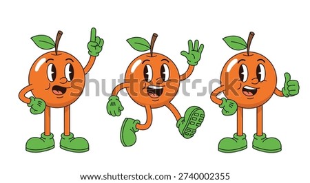 Retro Cartoon Orange Characters Dancing and Waving with Thumbs Up on White Background