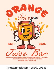 Retro Cartoon Orange Juice Character Fun Juice Bar Mascot Design for Stickers, Posters , Prints, T shirt, Graphic Design	
