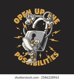 retro cartoon padlock mascot holding a key