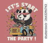 retro cartoon panda mascots riding vintage cars with megaphones